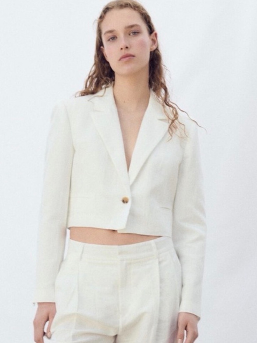 Zara Linen Cropped Women's Blazer Jacket In Ivory